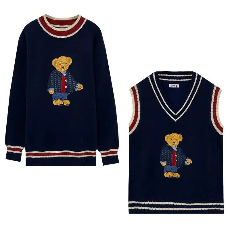 Autumn Winter Vest & Sweater Japanese Style Cartoon Bear Pullover Vest Sweater Oversized Clothes Knitted Vest