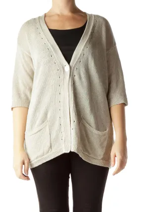 Beige 100% Linen Short Sleeve Cardigan