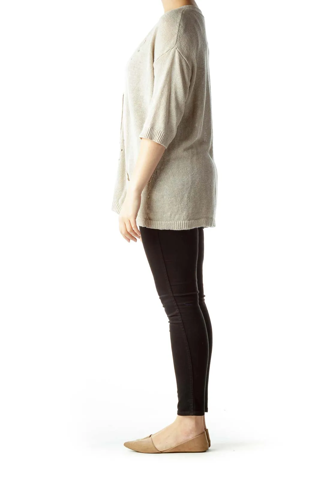 Beige 100% Linen Short Sleeve Cardigan