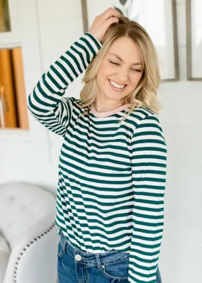 Green Striped Pink Detail Top - FINAL SALE