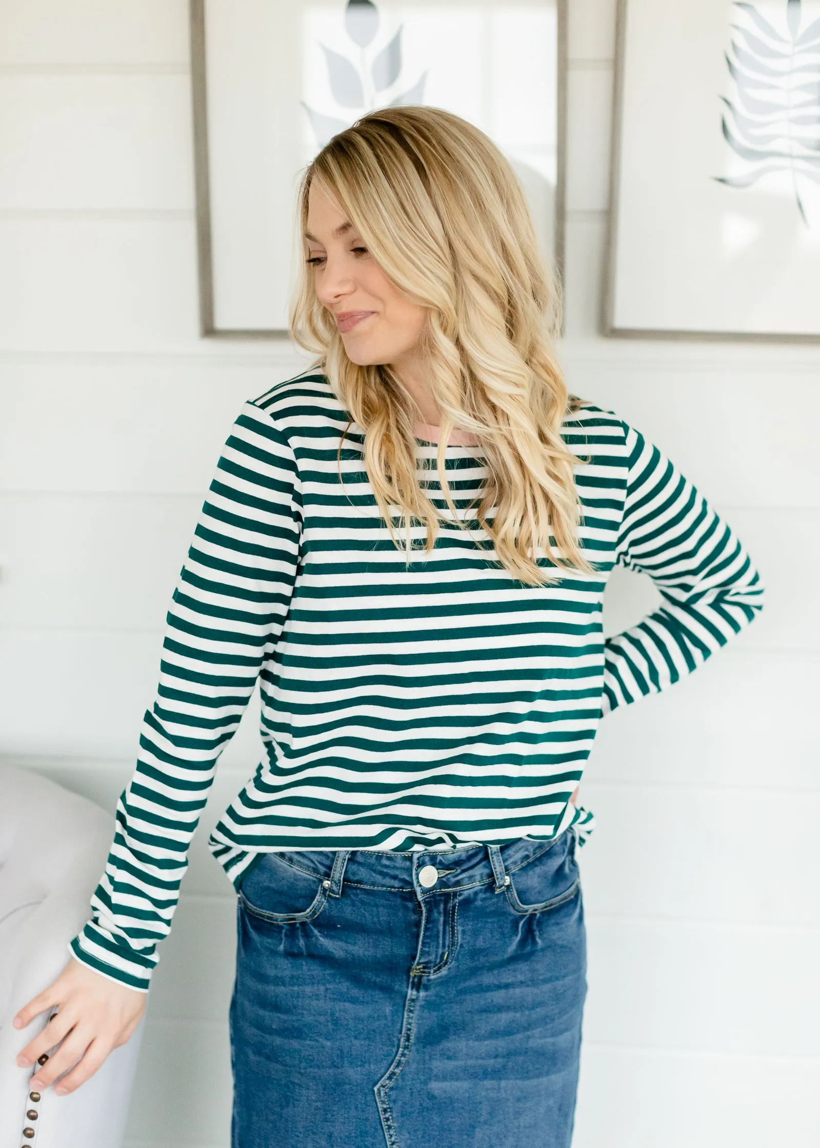 Green Striped Pink Detail Top - FINAL SALE