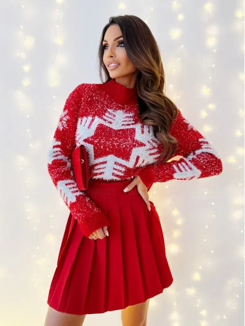 Jean Snowflake Pattern Full Sleeve Mock-neck Women Sweater