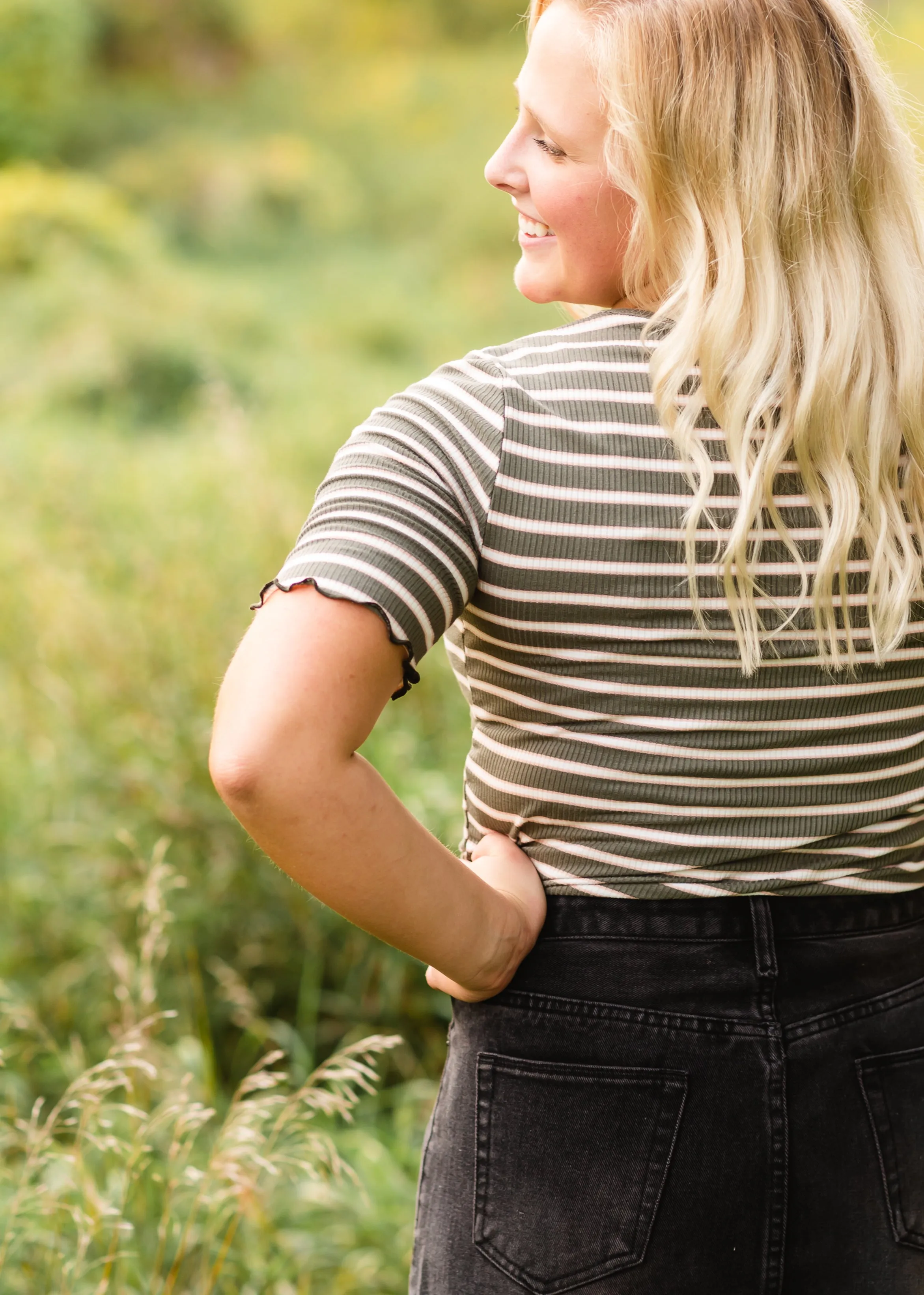 Olive   Pink Ribbed Striped Top - FINAL SALE