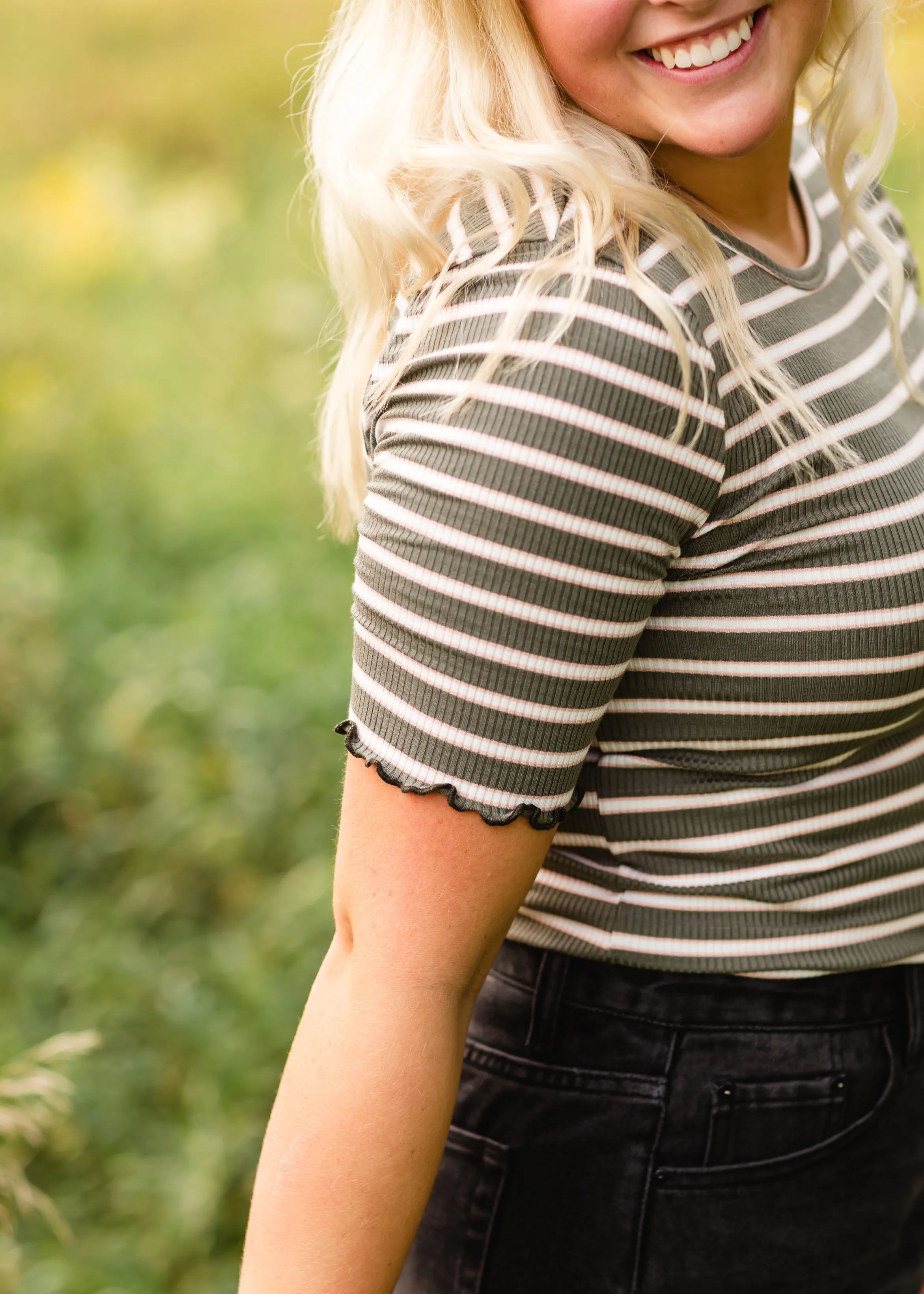 Olive   Pink Ribbed Striped Top - FINAL SALE