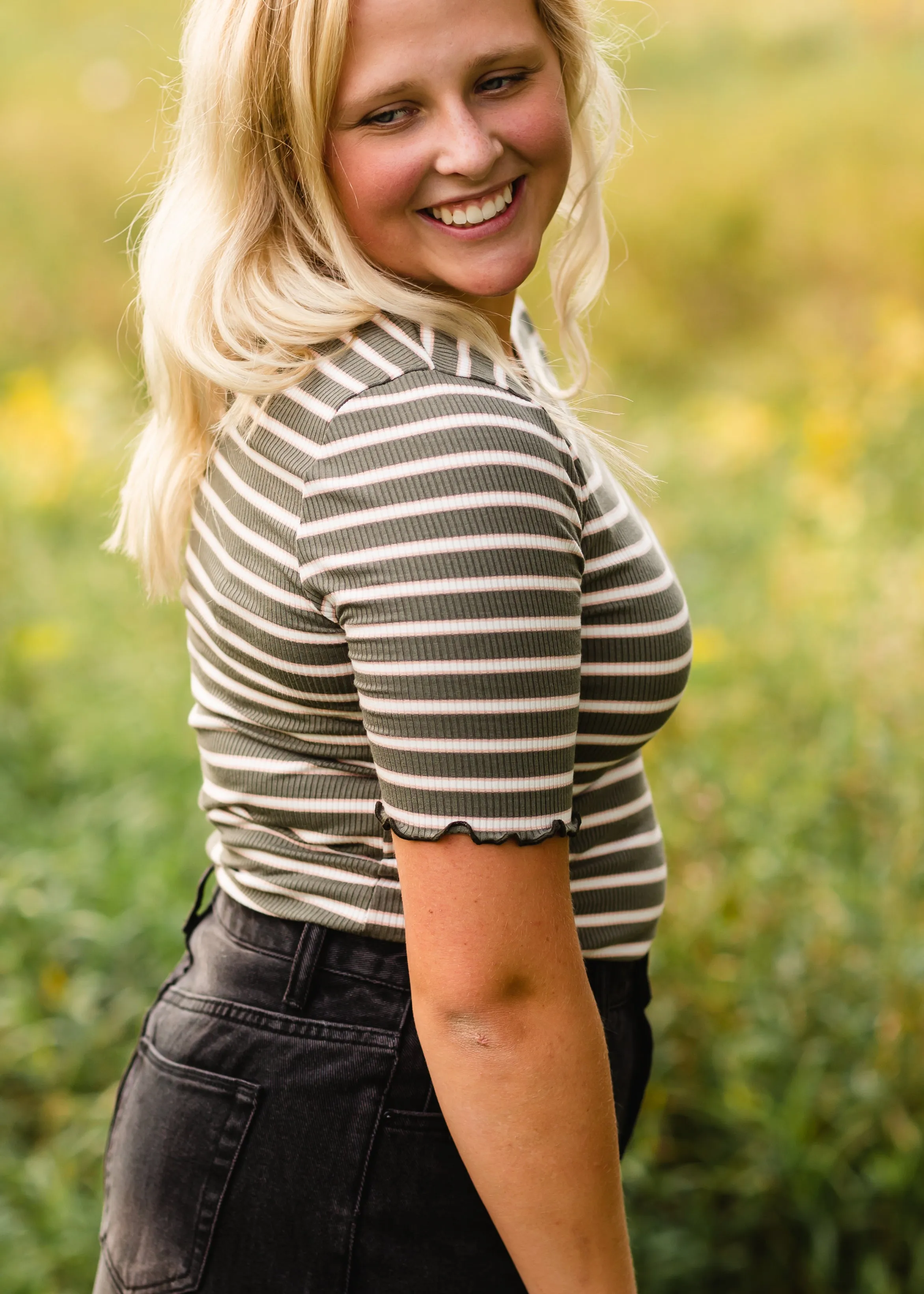 Olive   Pink Ribbed Striped Top - FINAL SALE